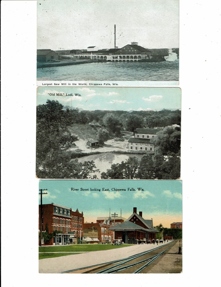 3 Card Wisconsin Lot,  RR Depot and Street, Largest Saw Mill, Lodi Old Mill!
