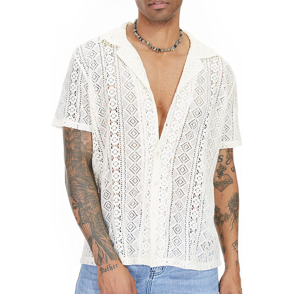 Men's See Through Button Down Shirt Short Sleeve Sexy Undershirts Tee Tops