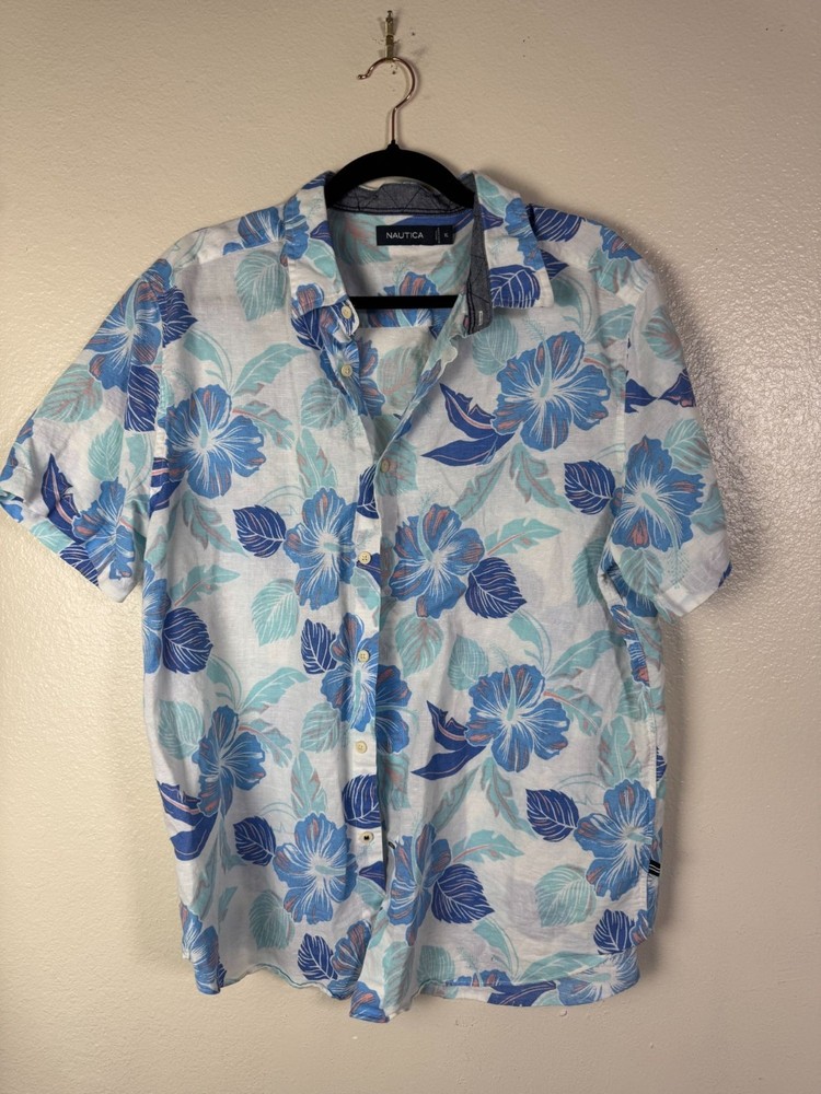 Nautica Mens Floral Linen Cotton Button-Up Shirt Size XL Hawaiian Short sleeve