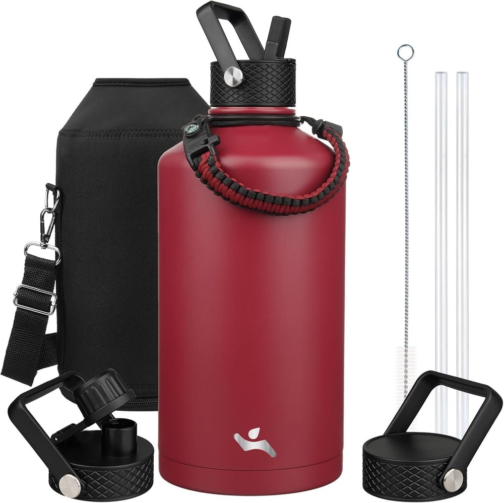 Gallon Insulated Water Bottle 128 oz with 3 Lids & Paracord Handle - Dark Red