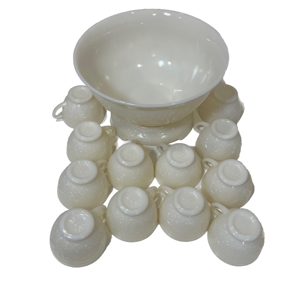 Vintage Anchor Hocking White Milk Glass 12-Cup Punch Bowl and Pedestal Set
