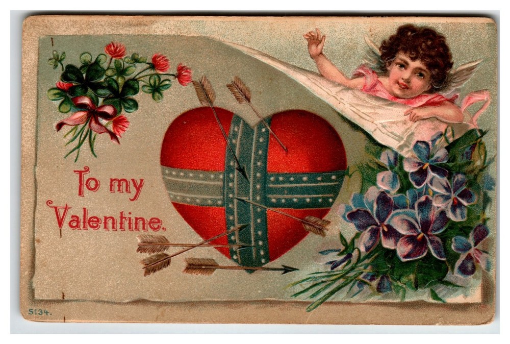 Antique Valentine Postcard Cupid Cherub Pierced Heart Violets Flowers Embossed