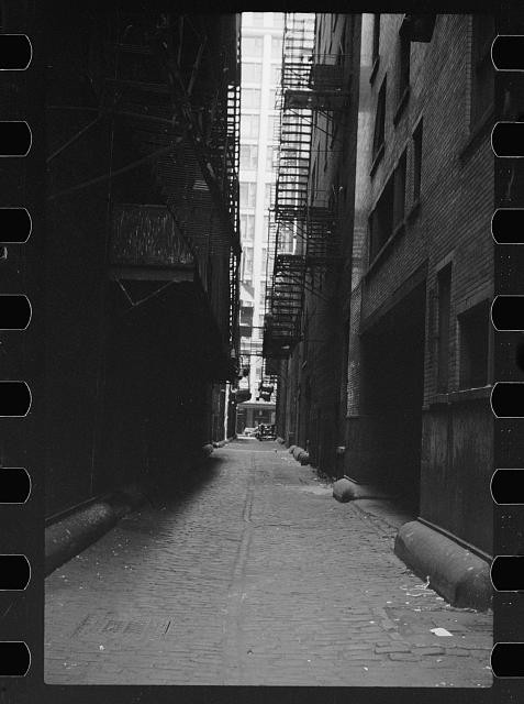 Photo:1930s Urban Alley Fire Escapes Brick Buildings Street View