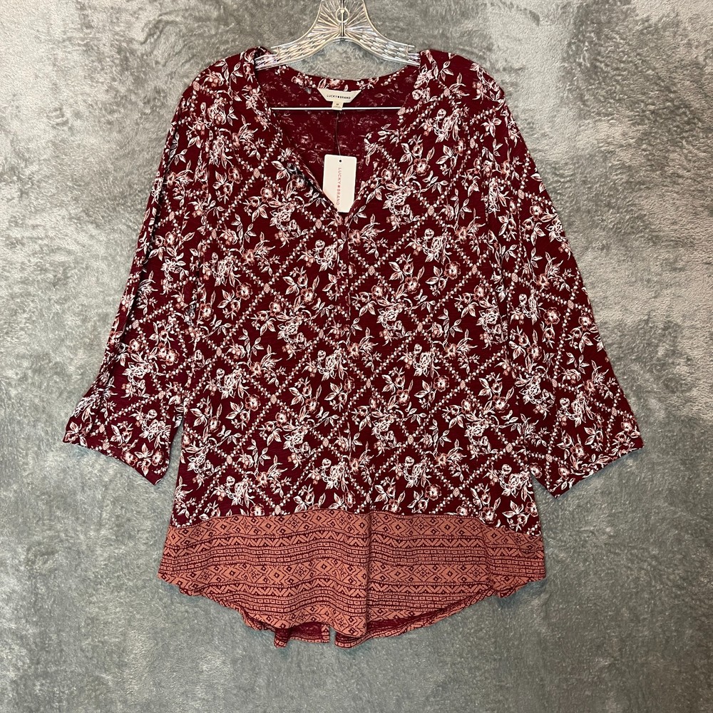Lucky Brand Women Boho Peasant Floral Border Print Popover Top 1X Plus NWT