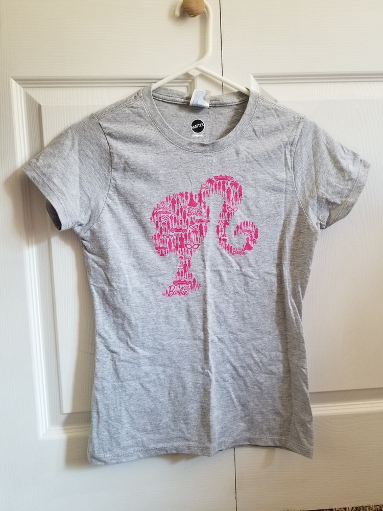 Barbie Women's T-Shirt XS Heather Gray Hot Pink Iconography Logo **CLEARANCE**