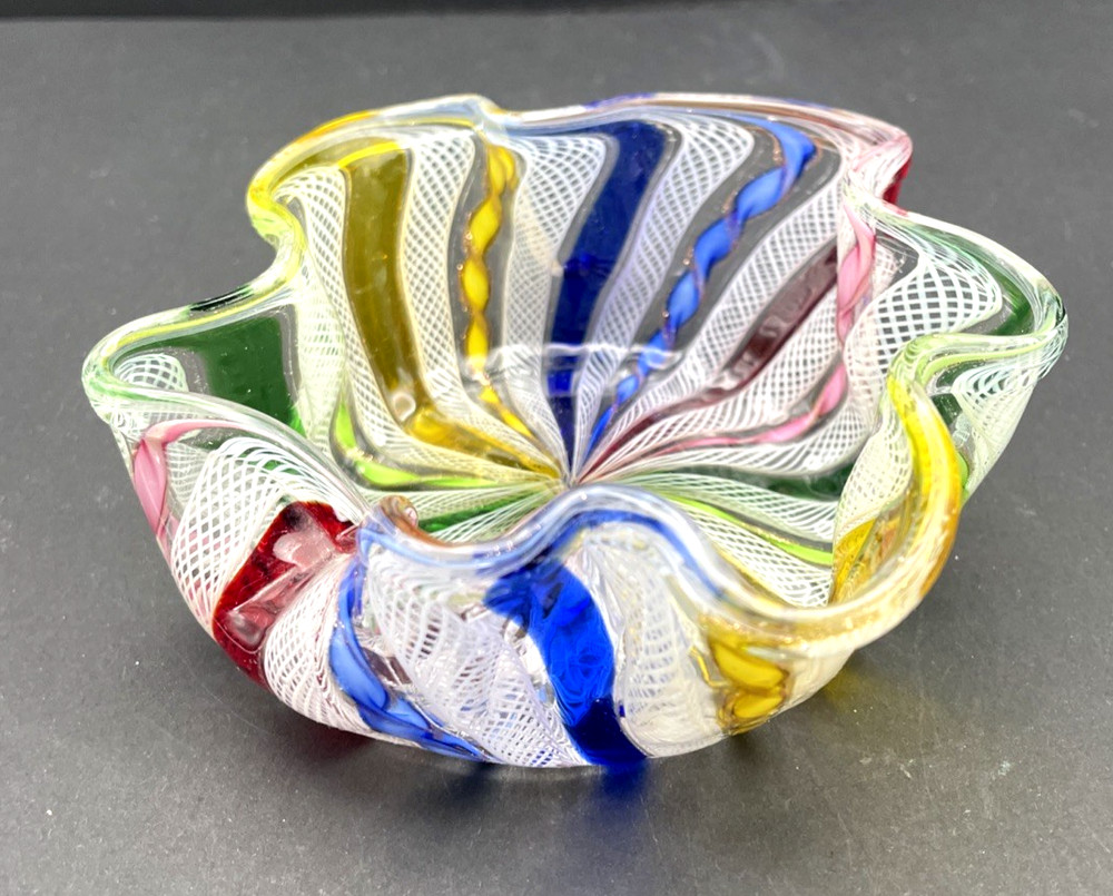 Vintage Murano Glass Italy Latticino Multicolored Ruffled Bowl Aventurine