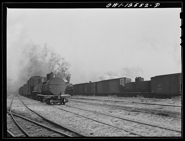 Photo:Steam Locomotive Freight Train Snowy Rail Yard 1930s 1940s
