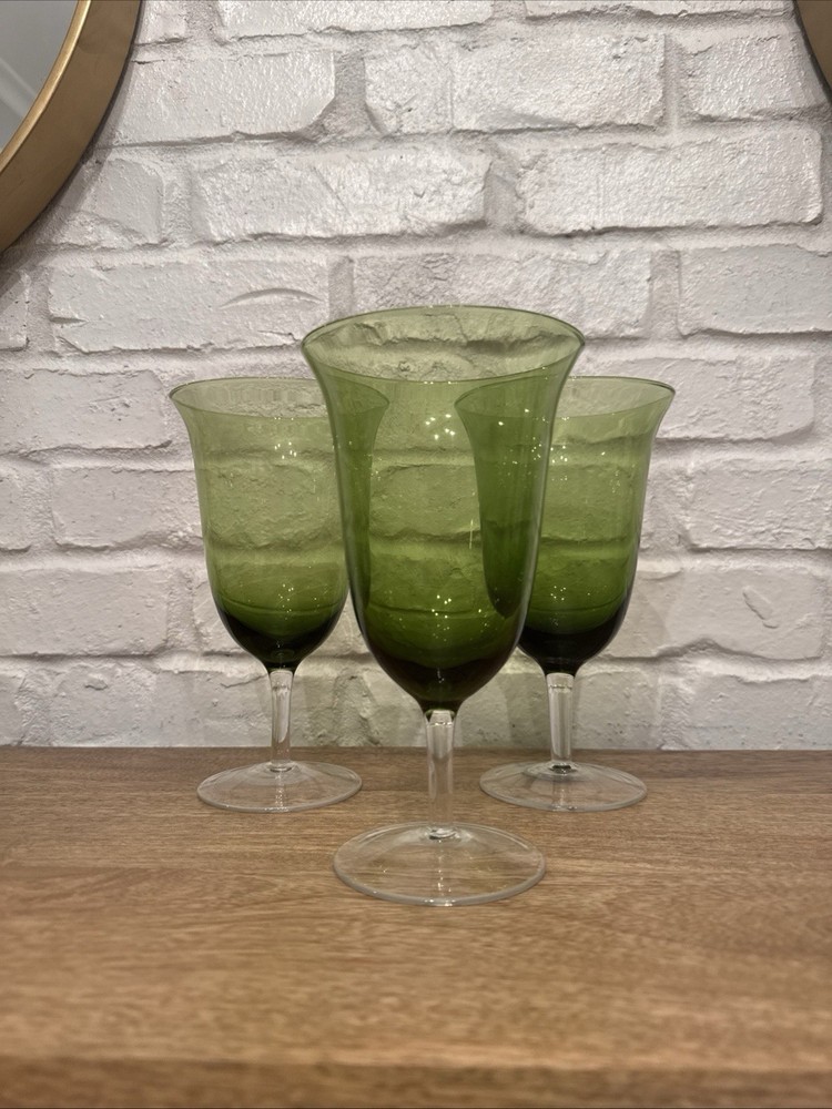 Set of 3 Handblown Emerald Bowl Clear Stem Water Goblets