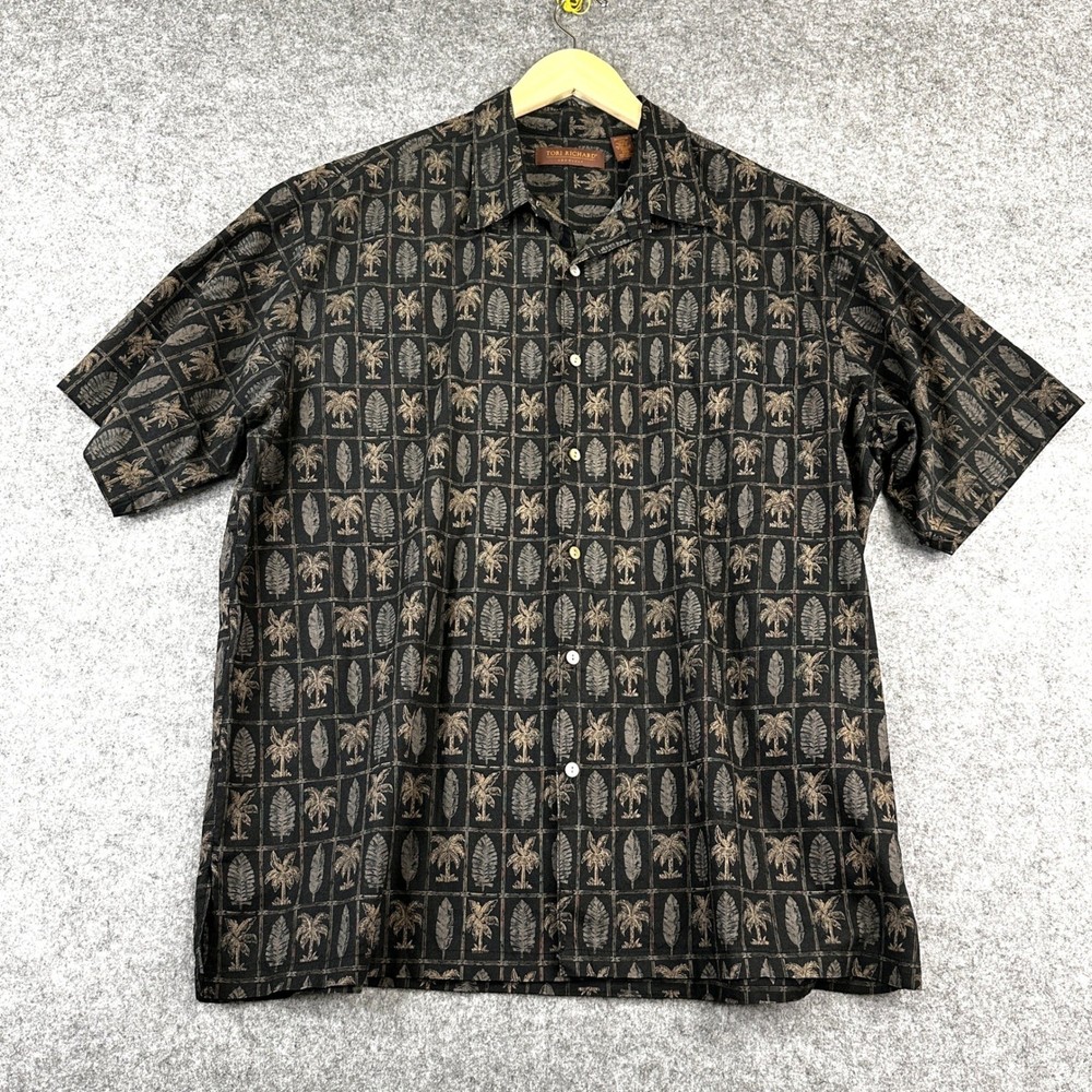 Tori Richard Shirt Mens 2XL Black Tan Cotton Lawn Palm Tree Aloha Hawaiian Camp