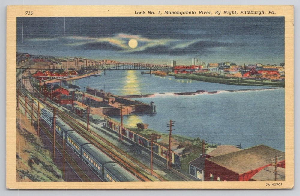 Pittsburgh PA Monongahela River Lock 1 Night Linen Postcard 1940s Train Bridge