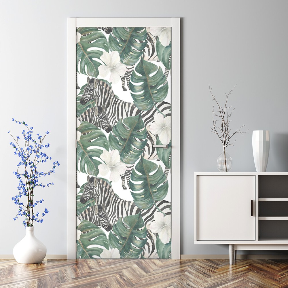 Zebra Tropical Bright Repositionable Bubble-Free Door Decal Decor
