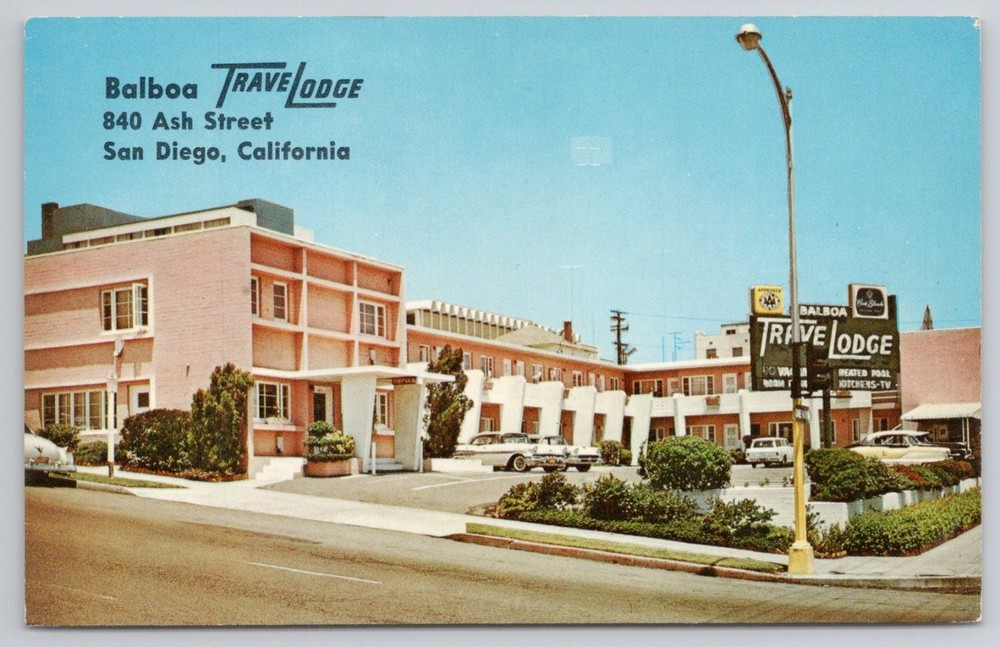 Vintage Balboa Travelodge San Diego CA Postcard Mirro-Krome AAA Motel