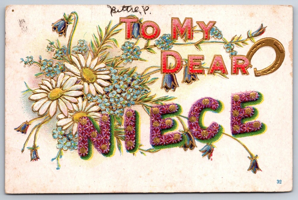 Greetings~To My Dear Niece~Flowers & Gold Horseshoe~PM 1909~Emb~Vintage Postcard