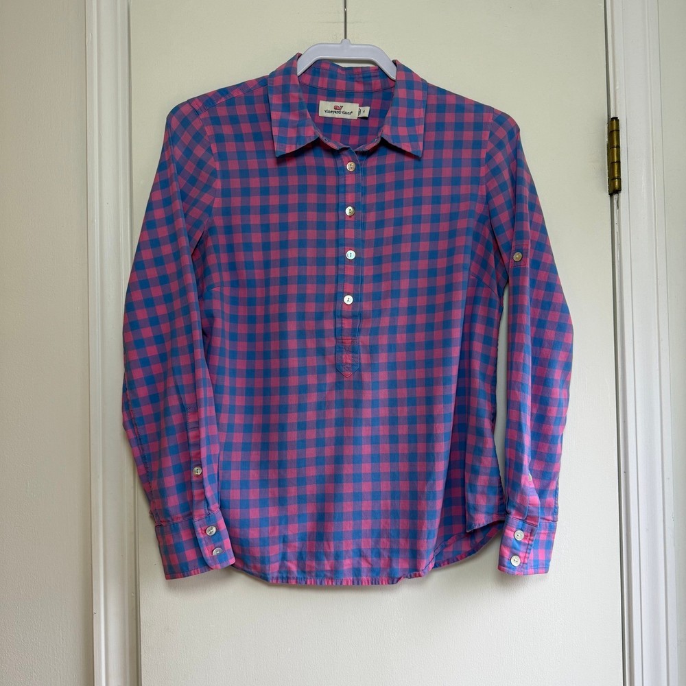Vineyard Vines Pink Blue Gingham Check Long Sleeve Collared Shirt Women Size 4