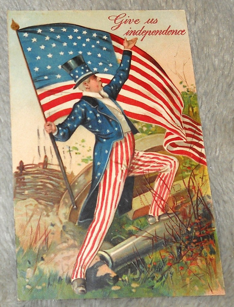 Postcard Give Us Independence Uncle Sam Holding US Flag 4th Of July Embossed T8
