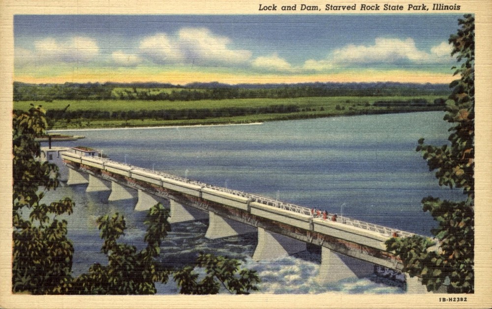 Starved Rock State Park Lock and Dam ~ Illinois IL ~ 1930s vintage postcard