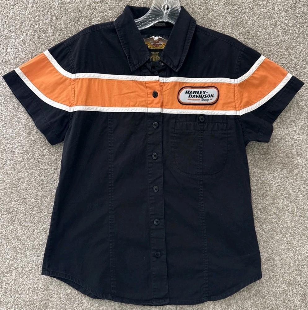Harley Davidson Womens Small Black Short Sleeve Button Embroidered Garage Shirt