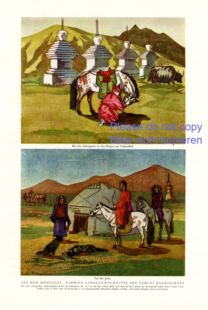 Mongolia XL German art print 1930 by Sergei Kolesnikoff yurt horse rider +