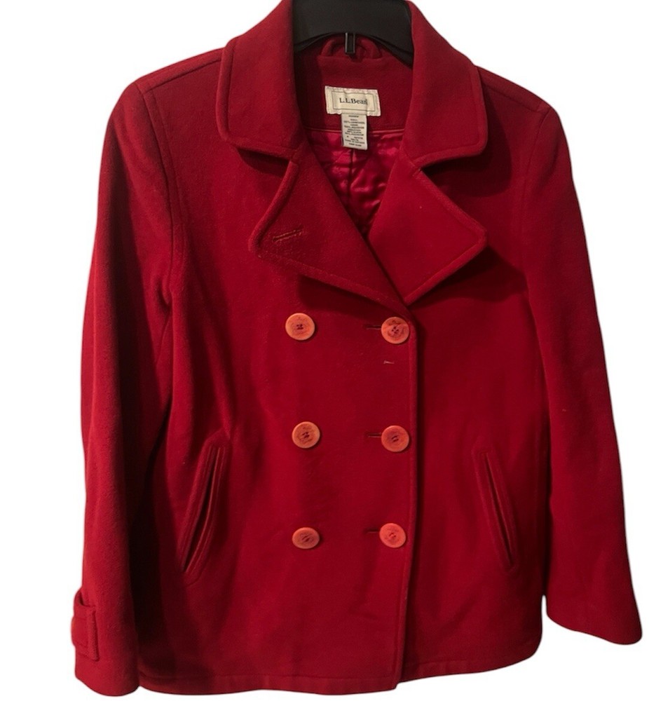 LL Bean Peacoat Jacket womens Petite Sz 8 Red Lambswool Button Front Vintage