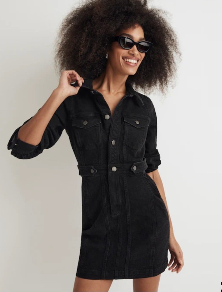 MADEWELL Size 8 Black Denim Button-Up Dress with Belted Waist