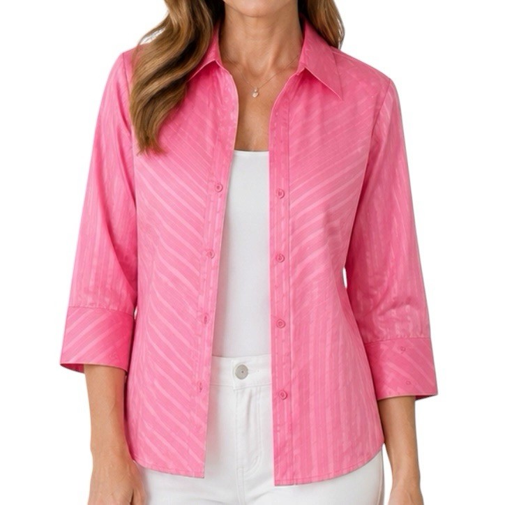 Rafaella Womens Pink Striped Button Up Blouse Size 10 Stretch 3/4 Sleeve Top