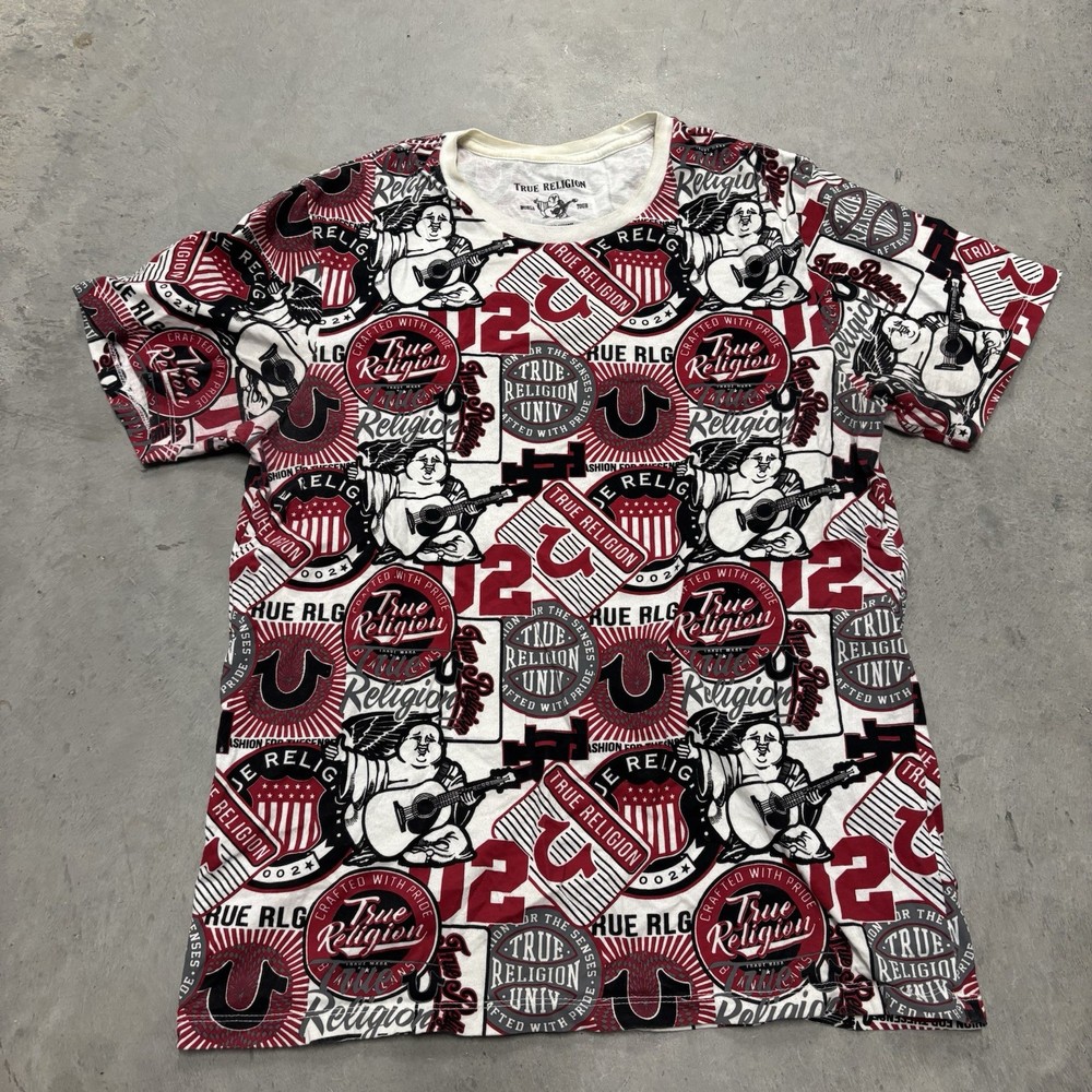 True Religion T-shirt All-Over Print Sz Youth Medium Unisex Black White Red
