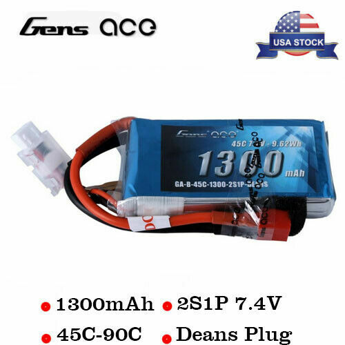 Gens Ace 1300mAh 7.4V 45C 2S Lipo RC Airplane Battery Pack With Deans Plug-image