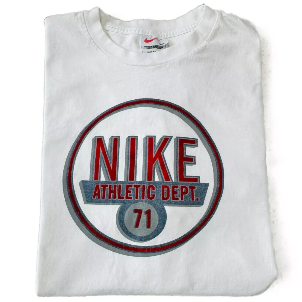 VTG 90s Men 2XL Nike Athletic 71 Center Circle Raised Velvet Letters White Shirt