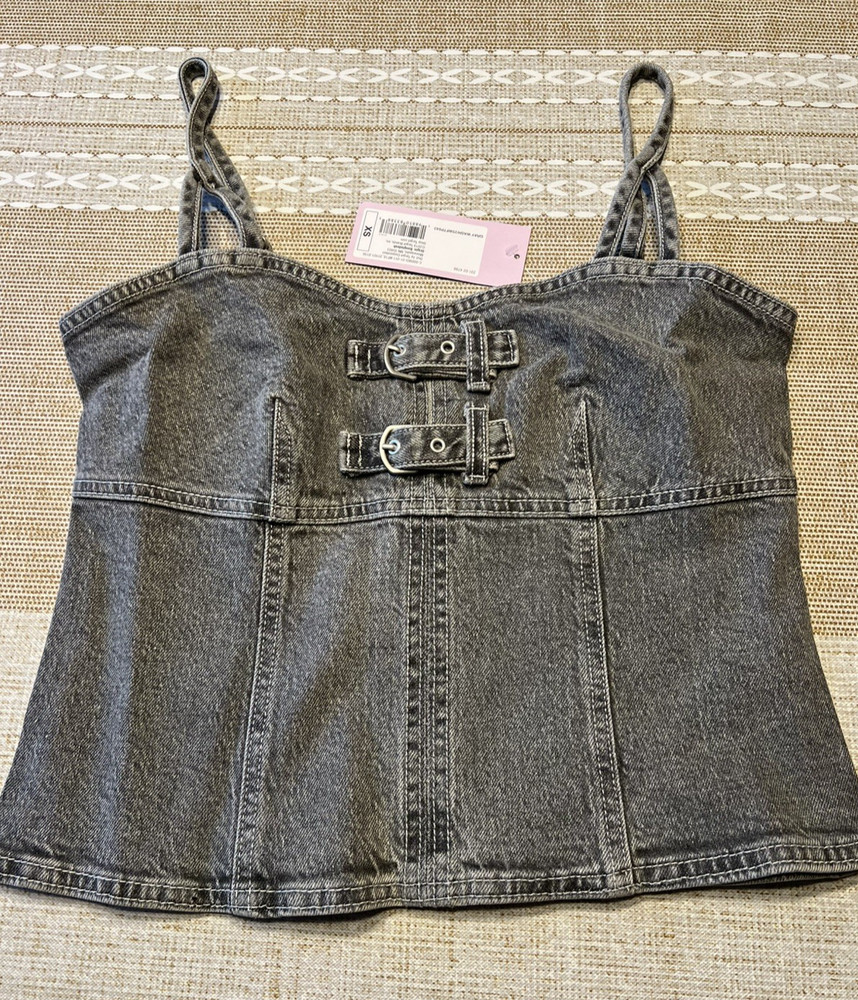 Wild Fable Gray Wash Denim Corset Style Buckle Front Tank Halter Top XS New