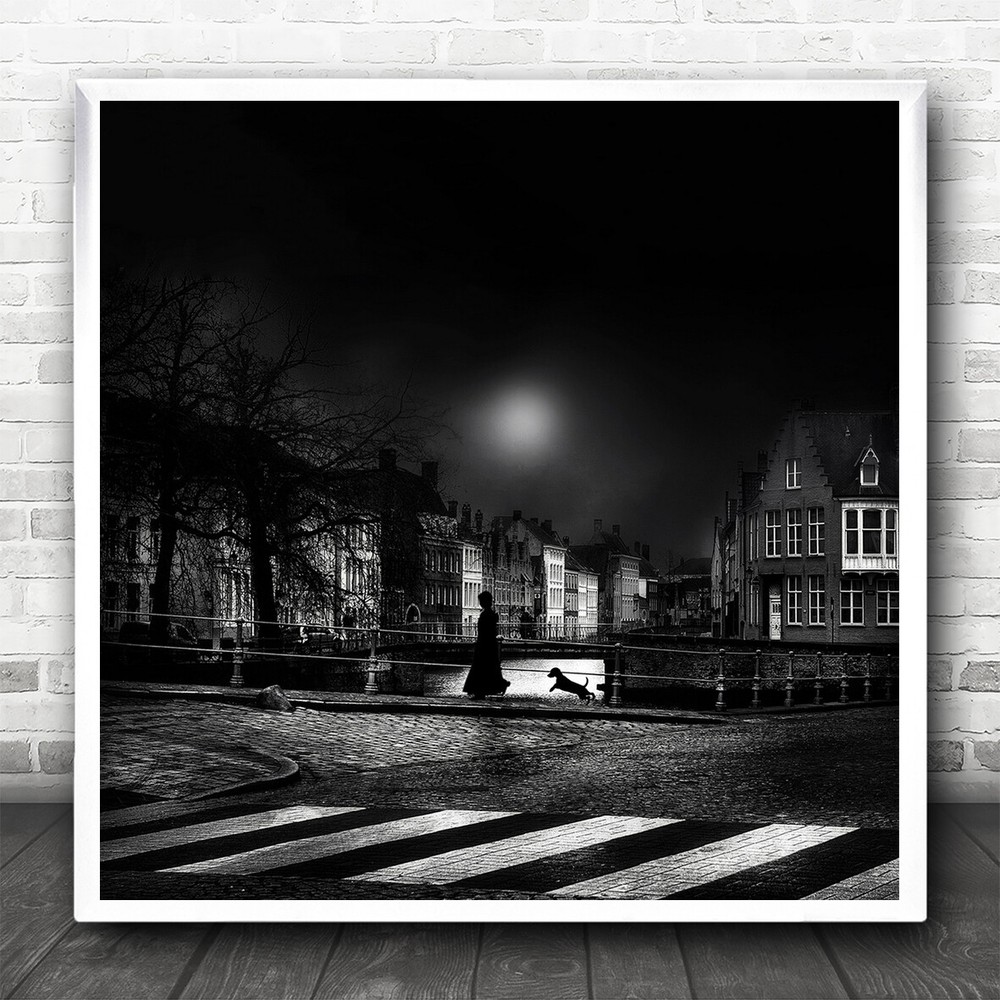 Stroll Moonlight City Urban Street Woman Dog Buildings Night Square Art Print