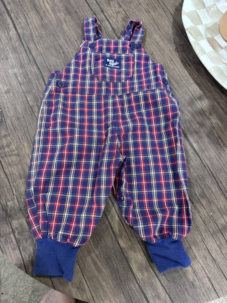 Vintage OshKosh B’gosh Plaid Bubble Overalls 12M Red Blue Baby Romper 90s