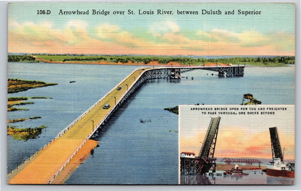 Minnesota~Birds Eye View Of Arrowhead Bridge On St Louis River~Vintage Linen PC