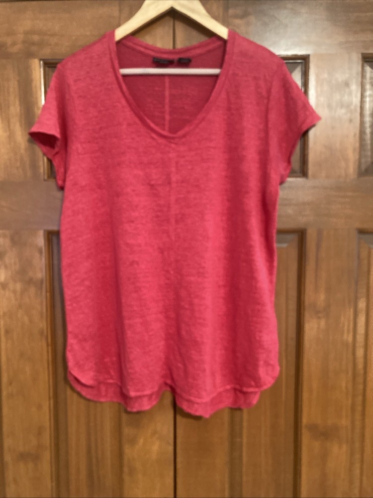 Tahari Womens Size XL Short Sleeve 100% Linen Blouse top V-neck Dark Coral