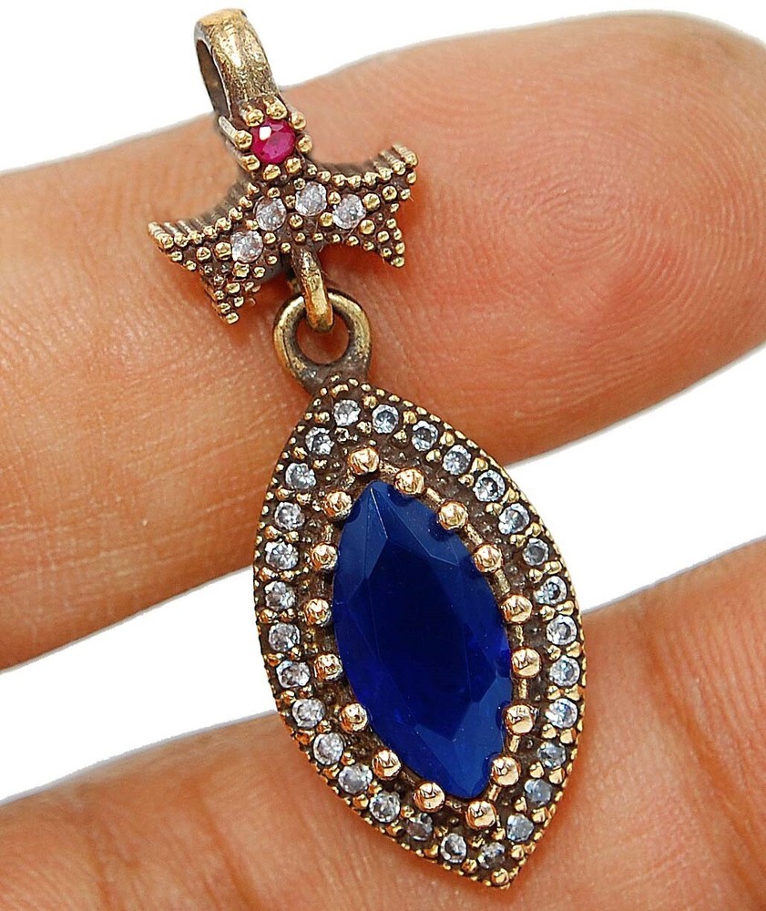 Ottoman Empire Style 4CT Treated Sapphire 925 Sterling Silver Pendant TC3