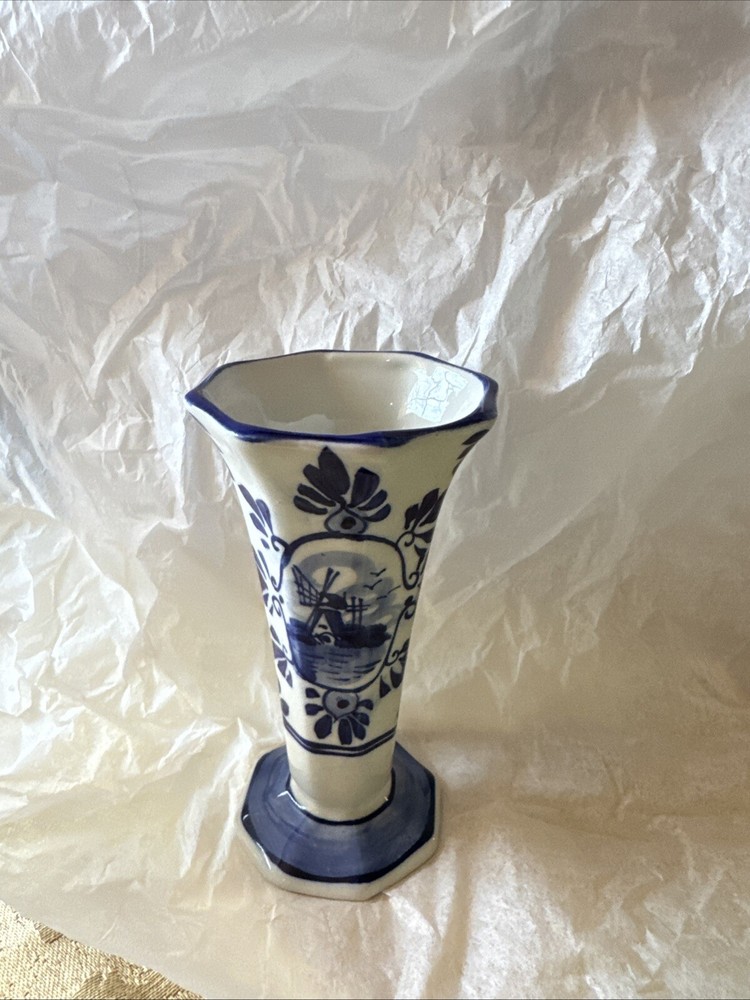 Vintage Delft Blau Mini Vase Blue Holland Windmill Amsterdam Floral Handpainted