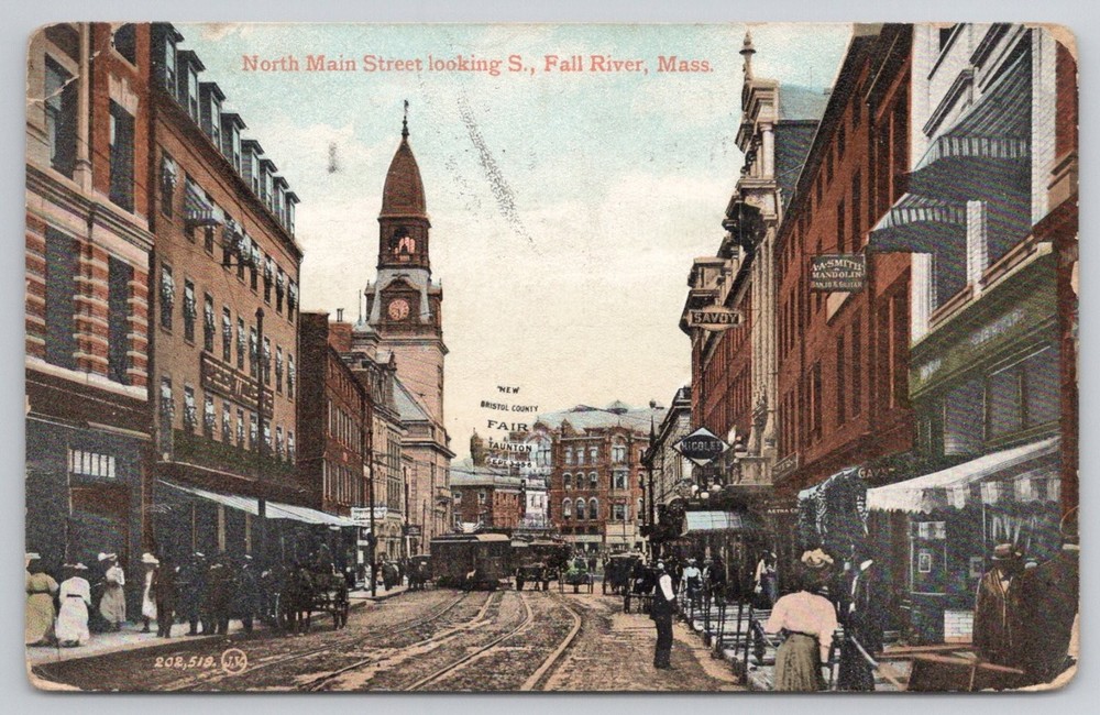 Fall River MA North Main Street 1909 Postcard Clock Tower Streetcar Valentine