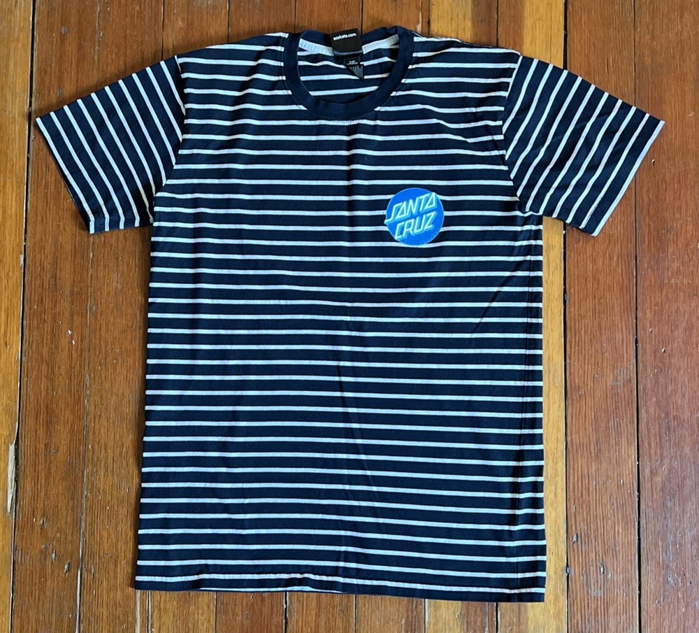 Santa Cruz Skate Navy And White Striped Dot Logo Tee Men’s Medium