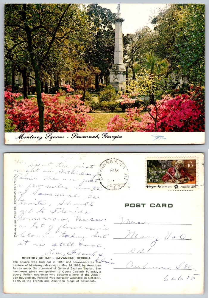 Vintage Monterey Square Savannah GA Pulaski Monument Azaleas Postcard 1974