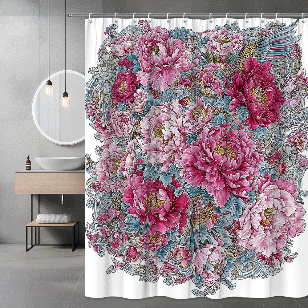 Pink Floral Shower Curtain, Large Peony Bouquet Print