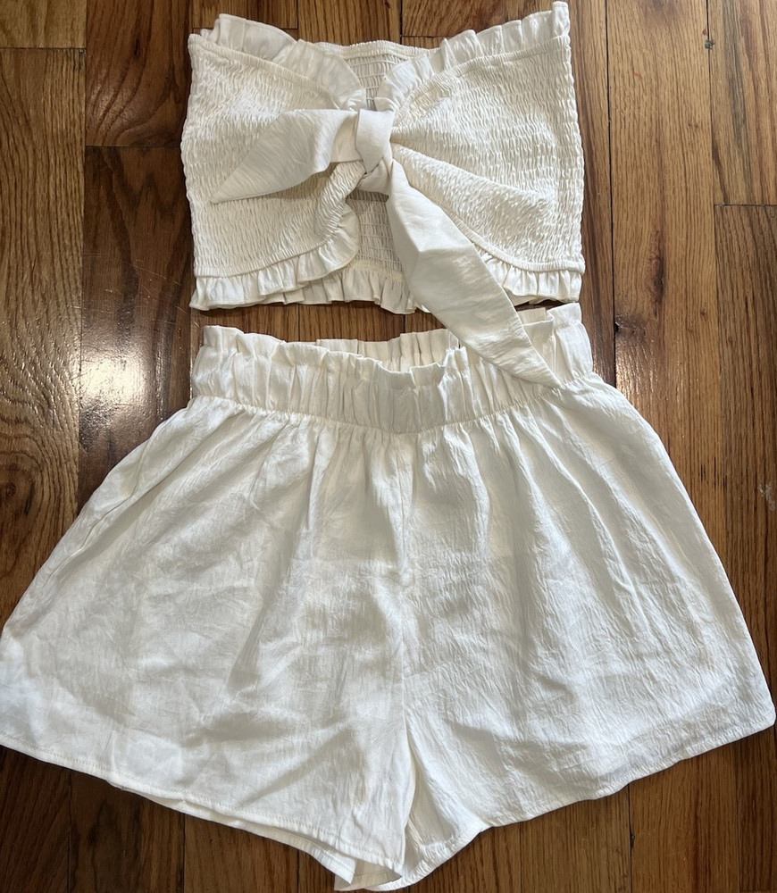 Women's White Solid 2-Piece Outfit Set Bow Strapless Top & Shorts Size S