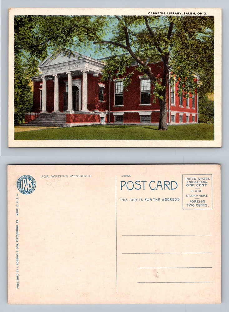Salem, OH-Ohio, Carnegie Library Red Brick Building Columns Vintage Postcard