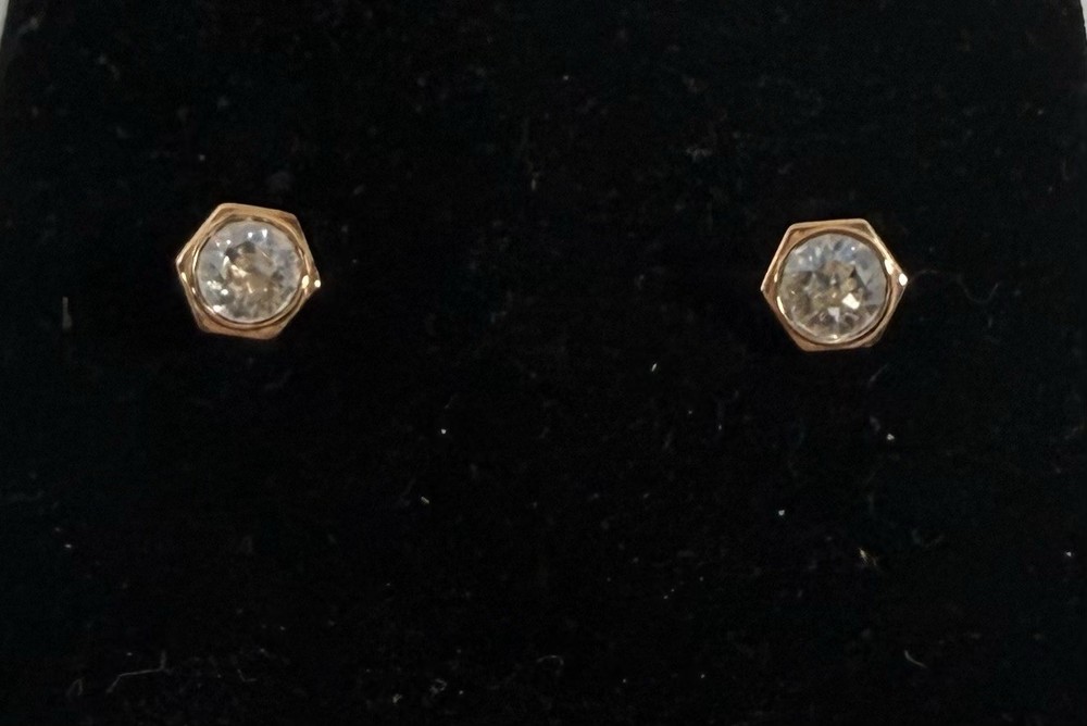 Vintage Swarovski Signed White Crystal Diamond Like Gold Tone Studs