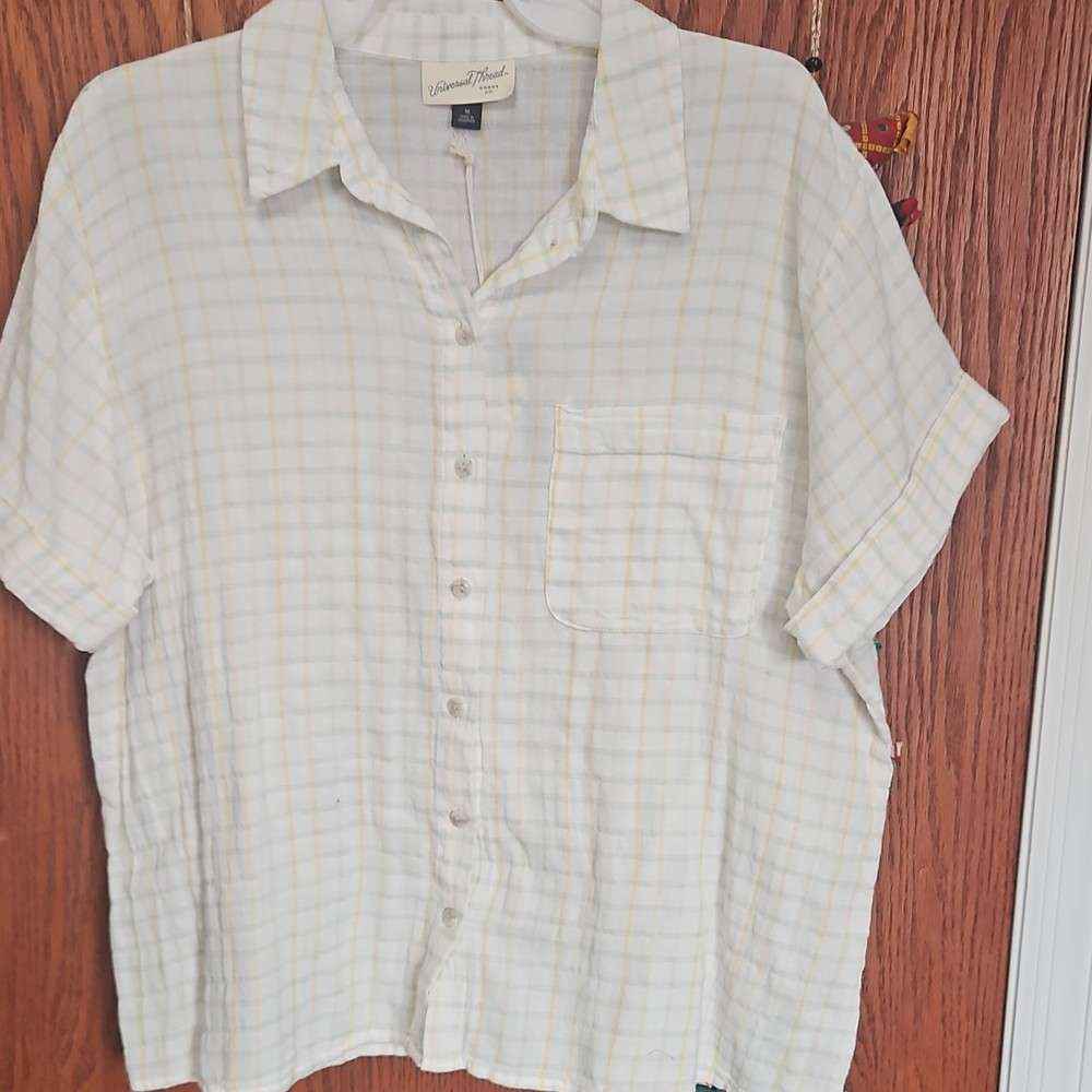 Universal Thread Plaid Short Sleeve Button-Up Shirt White Yellow Green M
