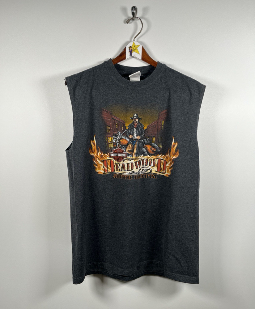 Harley Davidson USA Made Vtg Y2K Sleeveless Saloon Deadwood South Dakota Flames