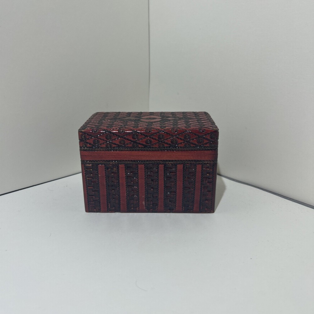 Vintage Wooden Hand Carved Box 2 Playing Cards Set Box 4.5x2.5x3
