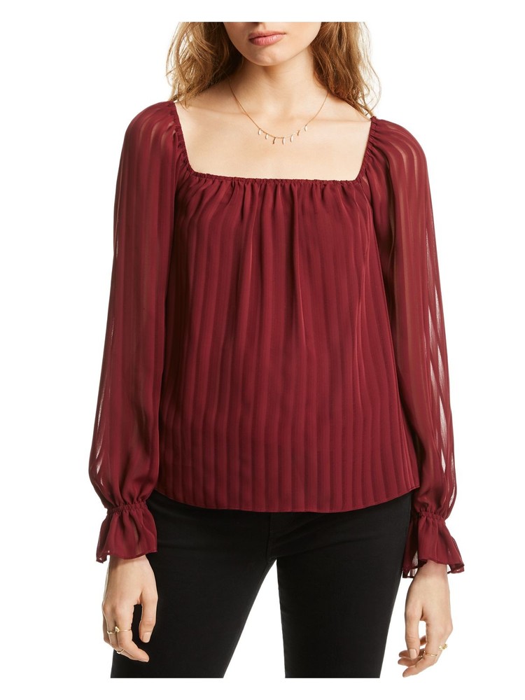 LINI Womens Burgundy Striped Square Neck Long Sleeve Blouse Size XS