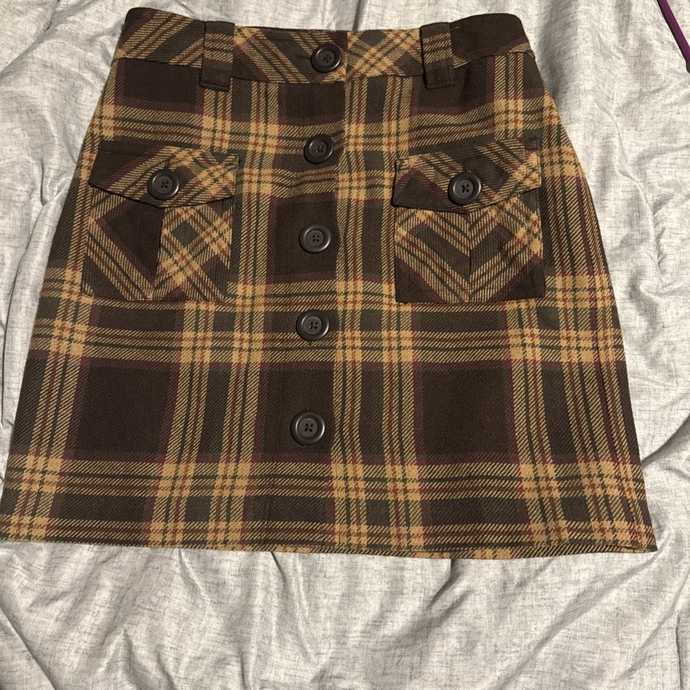 Loft Women's Wool Plaid Skirt Brown Button Front Size 4 Lined