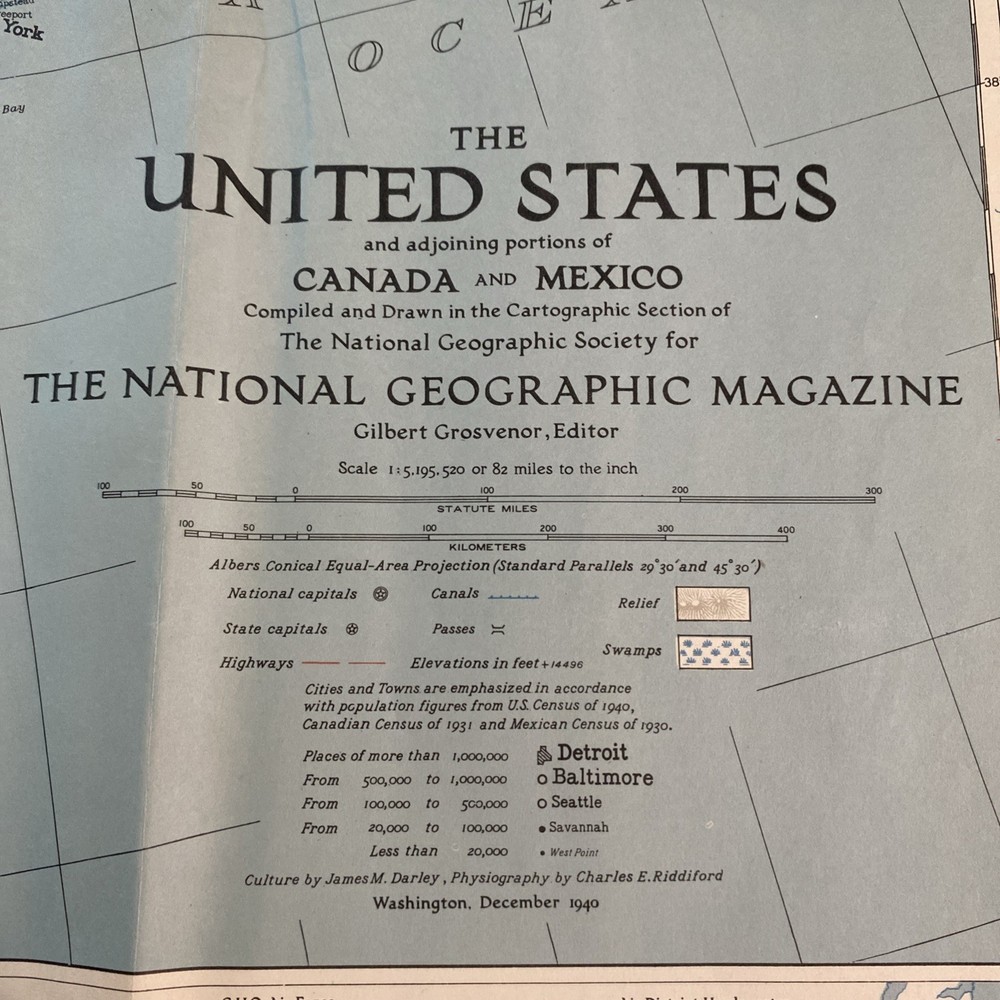 National Geographic Map Of United States Of America Dec 1940 41 X 26 1/2”