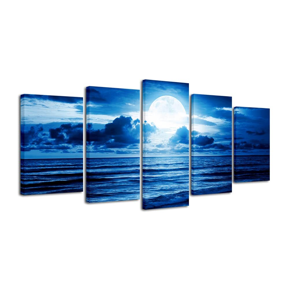 Pyradecor Blue Clouds Canvas Prints Wall Art Moon Sea Beach Pictures Painting...