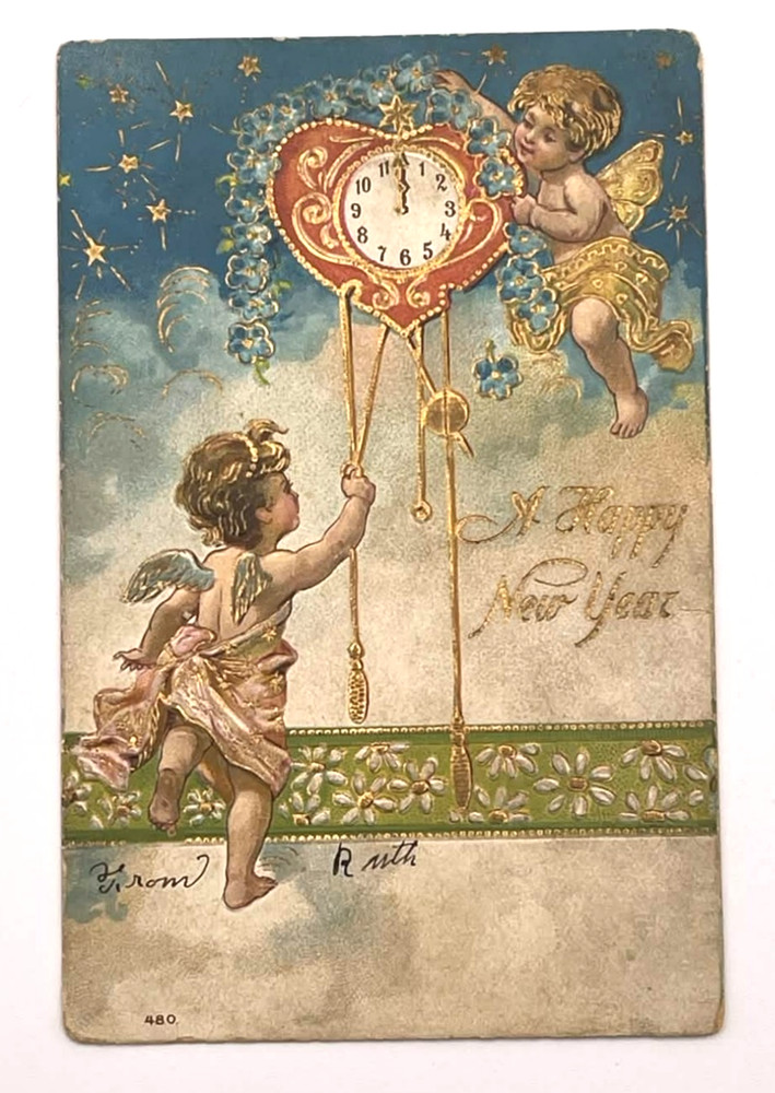 Antique Cherub Angels Clock Midnight Embossed Happy New Year Postcard